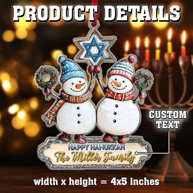 Personalized Snowman Ornament - Custom Hanukkah Ornaments for Tree, Jewish Ornaments, Hanukkah Gifts for Women Men, Couple Wedding Family Christmas Ornaments for Decorations