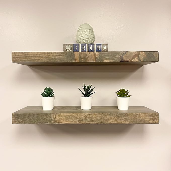 URBANDI, Rustic Floating Shelves, Set of 2, Hidden Bracket, Solid Wood, Heavy Duty, Wall Mounted Shelves, (Grey, 36Wx8D)