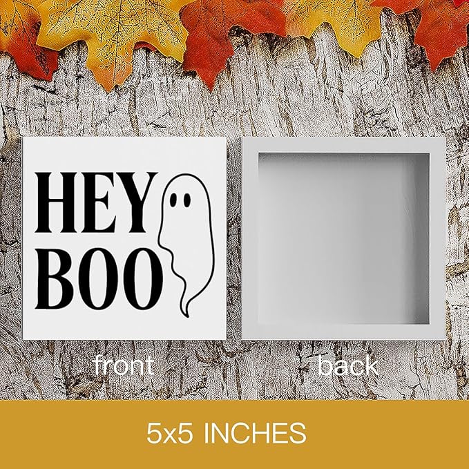 HTBIG Cute Ghost Halloween Hey Boo Wooden Box Sign Office Decor Room Decor, Suitable family room Computer Desk Dressing Table 5 x 5 Inch