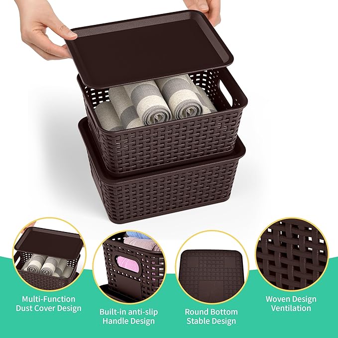 8-Pack Brown Plastic Storage Baskets with Lids, Label Organizers, Stackable Organizer Containers: For Organizing Shelves, Drawers, Desk Closets, Playrooms, Classrooms, Offices