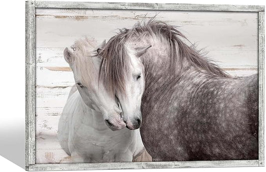 Horse Wall Art Wood Decor: Large Animal Framed Picture Rustic Horses Nuzzling Print Artwork Farmhouse Country Western Painting for Home Living Room Bedroom
