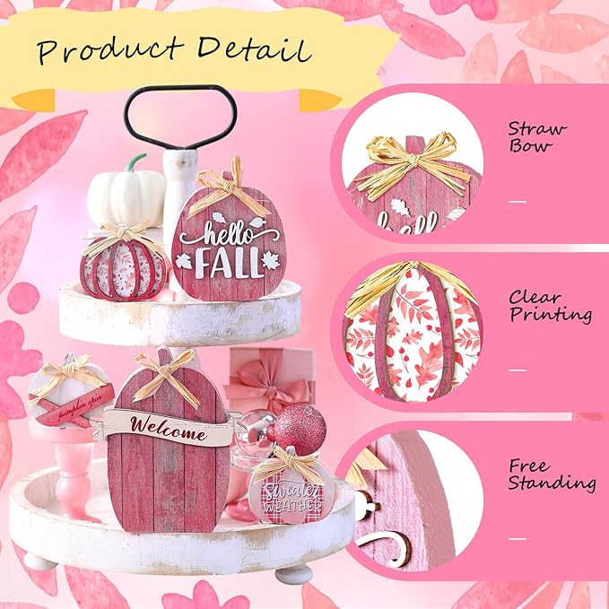 5 Pcs Fall Pink Pumpkin Decor for Home Thanksgiving Wooden Table Centerpiece Decorations Fall Wooden Pumpkin Signs for Autumn Farmhouse Home Living Room Kitchen Mantle Tabletop Supplies