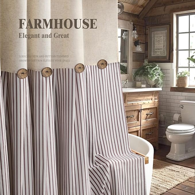 Awellife Farmhouse Beige Shower Curtain Button Linen Textured Woven Fabric,Pleated Beige Stripe,Country Style,72" W x 78" L