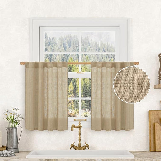 LAMIT Brown Linen Window Curtains 30 Inches Long 2 Panels, Semi Sheer Light Filtering Panels Back Tab and Rod Pocket Neutral Drapes for Basement/Small Windows, 34 x 30 Inch