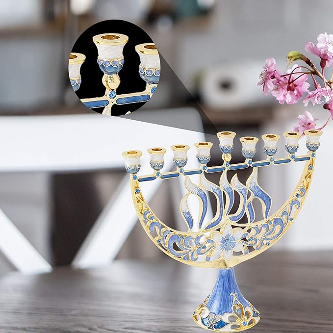 Matashi Hand Painted Enamel Menorah Candelabra with Flower and Hanukkah Design with Gold Accents and Crystals Jewish Candle Holder Hanukkah Gift Housewarming Present Showpiece for Living Room