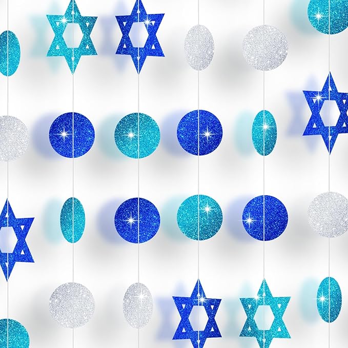 MARFOREVER Hanukkah Decorations Hanging Swirls 5 PCS 41 Ft Chanukah Decorations Glitter Blue White Star of David Streamers Hanukkah Garland for Jewish Party Home Wall Ceiling Decor