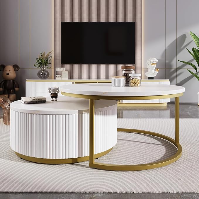 27.6" Modern Round Nesting Coffee Table Fluted with Drawer for Living Room in White & Gold