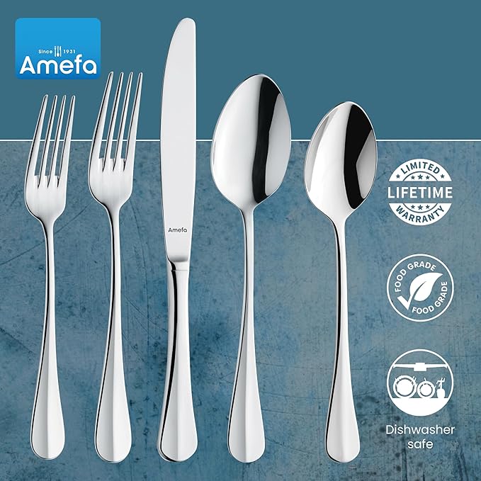 Amefa 45-Piece Silverware Flatware Cutlery Set Service for 8, Durable 18/10 Stainless Steel High Gloss Mirror Finish, tableware in Ergonomic Design Size and Weight, Dishwasher Safe (Baguette)