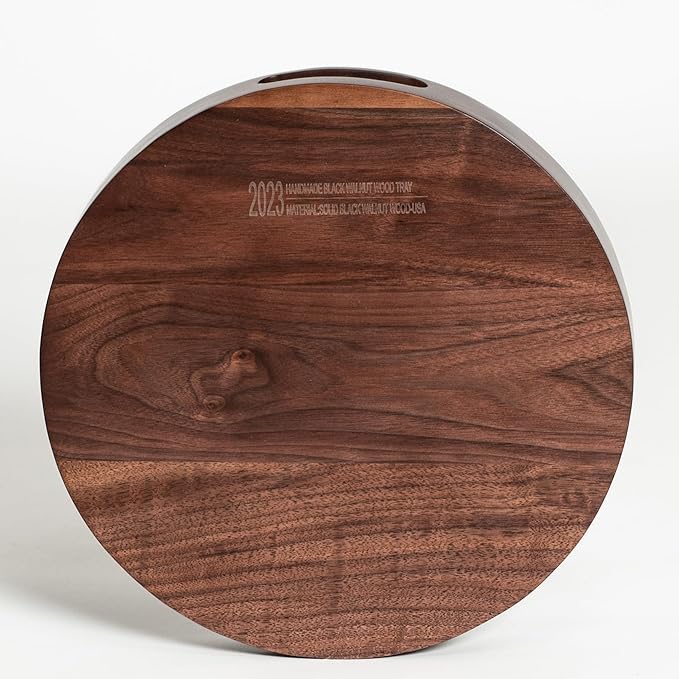13 x 13 inches Round Ottoman Table Tray, Wooden Solid Black Walnut Circle Platter Decorative Serving Tray with Handle for Oversized Ottoman Home Breakfast in Bed Tea Coffee