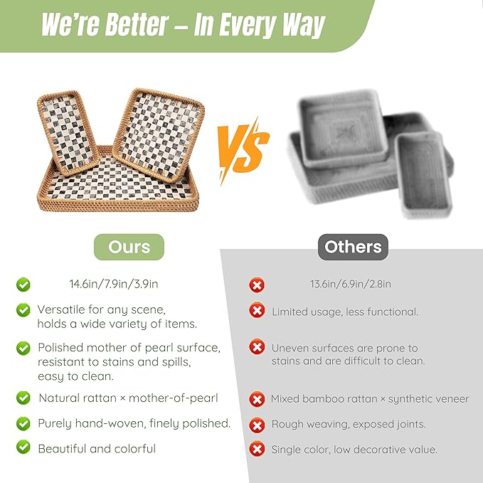 Set of 3 Rectangle Rattan Serving Trays with Mother of Pearl Inlay – Hand-Woven Wicker Trays for Coffee Table, Bathroom, Kitchen Counter or Entryway, Boho Coastal Decor, Four-Leaf Clover Design