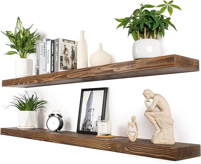 Walnut Floating Shelves 60 Inch Long 8-in Deep Set of 2, High End Real Solid Wood Floating Shelves for Wall,Suitable for Kitchen and Coffee Bar, with Sturdy Hidden Bracket