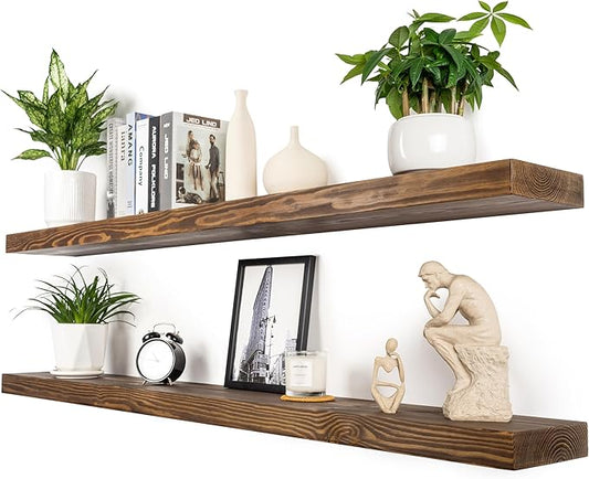 Walnut Floating Shelves 60 Inch Long 8-in Deep Set of 2, High End Real Solid Wood Floating Shelves for Wall,Suitable for Kitchen and Coffee Bar, with Sturdy Hidden Bracket