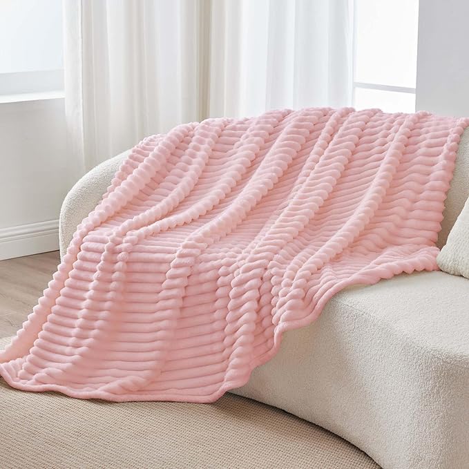 BEDELITE Fleece Throw Blanket for Couch - 300GSM Soft & Warm Fluffy Pink Blanket, Decorative and Giftable Striped Blankets for Women, Men, 50"x70"