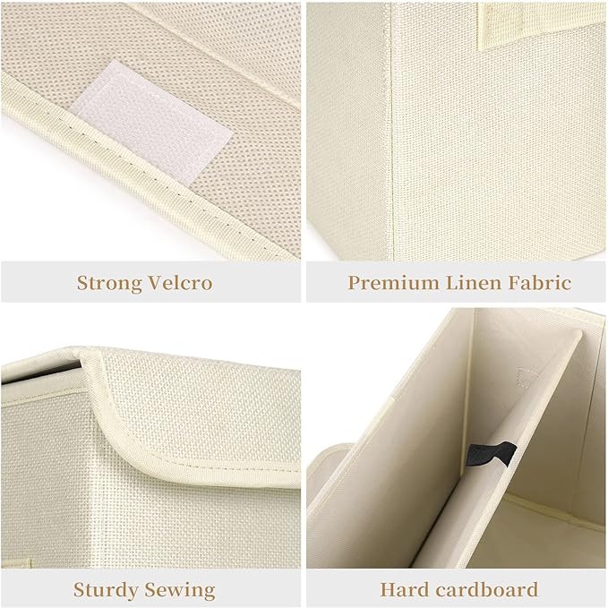 Large 42 Quarts Collapsible Stackable Storage Bins Cube with Lids [3-Pack] Foldable Fabric Linen Storage Boxes, Closet Organizer Baskets with Label for Home (16.7 x 12 x 12", Beige)