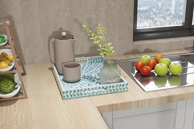 PEMAR Rectangular Mother of Pearl Serving Tray Nacre Wood Lap Ottoman Tray for Coffee Table, Luxury Decorative Handmade Eating Platters w Insert Handles (Teal Floral Pattern)