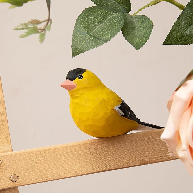 Handmade Wooden Goldfinch Figurine – Yellowbird Home Decor, Cute Wild Canary Knick-Knack for Bird Lovers, Unique Gift for Women, Mom, Friends – Rustic Nature Home Ornament