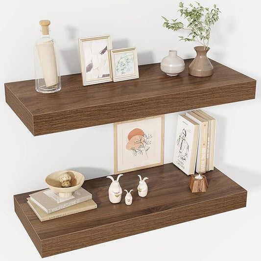 30 Inch Floating Shelves, 12" Deep Floating Shelf Wall Mounted, 30" Wall Shelves, Rustic Deep Bookshelf, Extra Deeper & Thicker Display Shelves for Bedroom, Living Room, Walnut, Set of 2