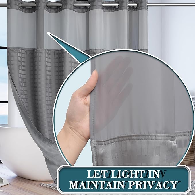 Conbo Mio Extra Wide No Hook Shower Curtain with Snap in Liner Set, 108" x 74" Hotel Luxury Grey Shower Curtains for Bathroom with See Through Top Window, Waterproof, Washable 108W x 74H