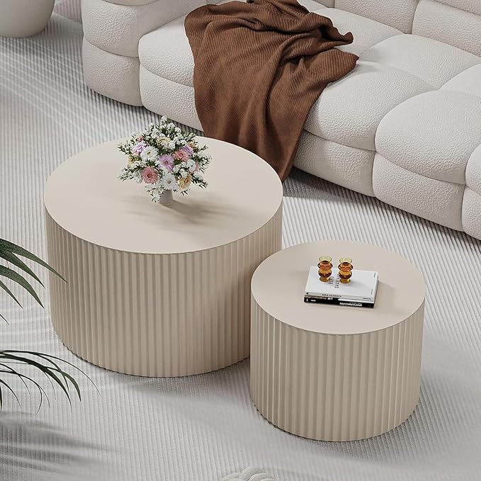 Nesting Coffee Tables Set of 2 Wooden Round Coffee Table Circle Nesting Table Space-Saving Design Modern Coffee Table Round Accent Tables Set for Living Room Bedroom Office (White B D18.9+D15)