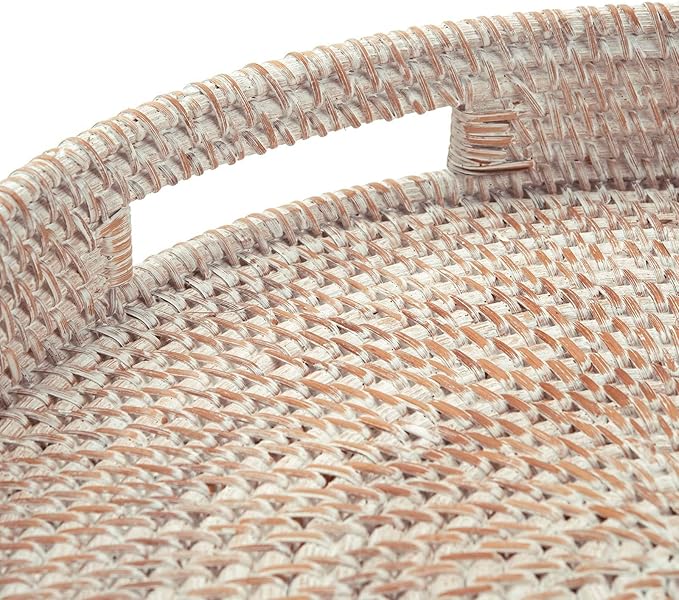 16.9" Round Rattan Tray, Hand Woven Serving Tray with Handles, Wicker Serving Basket, Decorative Tray for Home Decor, Whitewash