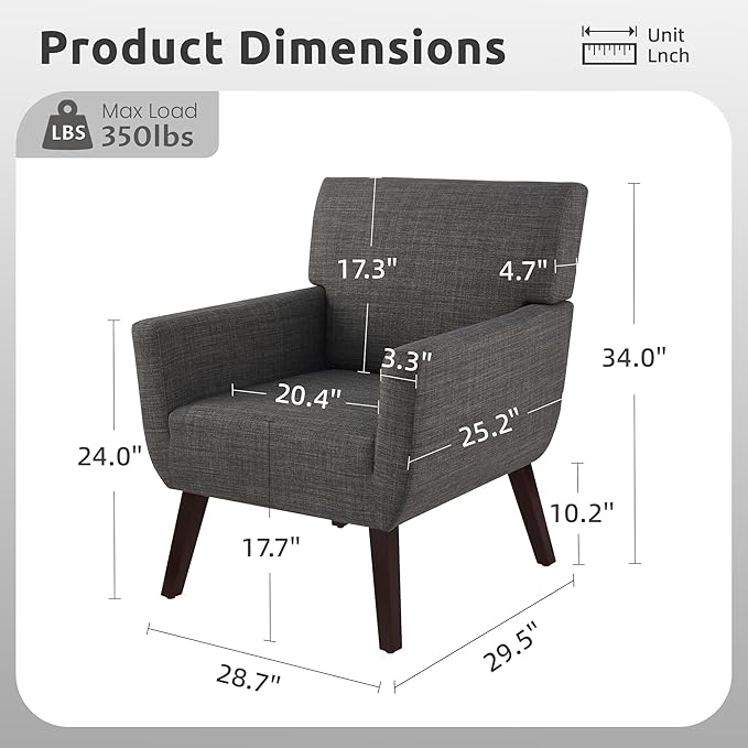 Upholstered Accent Chair,Mid Century Modern Office Fabric Small Living Room Chair with Arm,Comfy Wingback Armchair for Bedroom Reading (Grey, 2 PC)