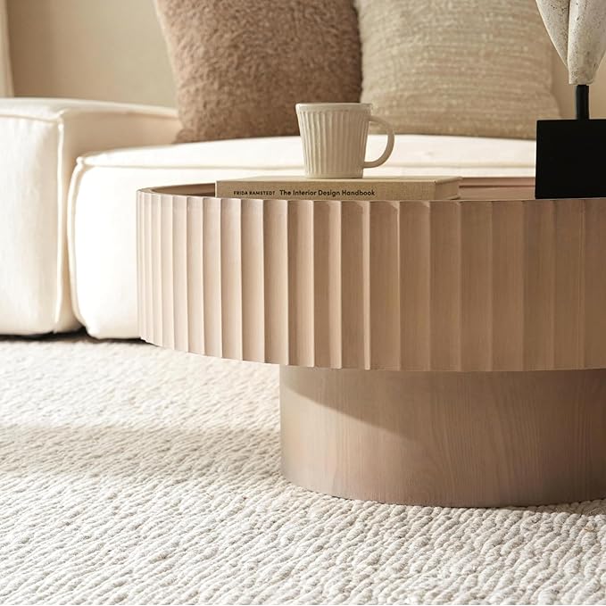 Round Coffee Table, Modern Living Room Tables with Mushroom Shape and Grooved Design, Large Coffee Tables, Circle Pinewood Center Table for Living Room, Apartment (Gray, 31.8''L×13.7''H)