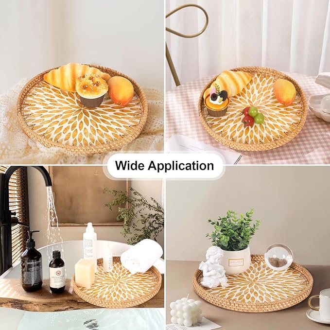 Round Rattan Tray with Mother of Pearl Inlay, Rattan Serving Tray for Coffee, Bread, Fruits, Decorative Wicker Tray for Table Decor, Home Decor, Kitchen Island Decor (Amber Leaf, 11.8")