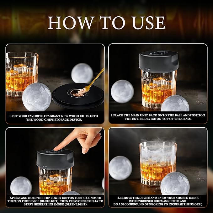 Rechargeable Cocktail Smoker Kit with Wood Chips, Electric Whiskey Smoker with Built-in Lighter, Old Fashioned Drink Smoker (Electric without Lighting)