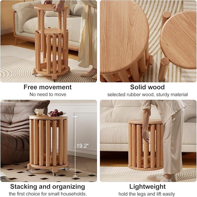 Stackable Stools Set of 4, Wooden Stool 18 Inch Stool Stackable Side Tables Nesting Table Sturdy and Durable, No Installation Required for End Table,Top Stackable Round Stools (Natural Mobile)