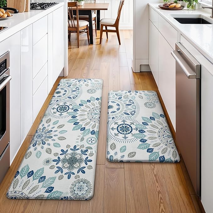 GENIMO Kitchen Mats for Floor 2PCS, Cushioned Kitchen Rugs Non Slip Washable, Farmhouse Anti Fatigue Mat Waterproof, Comfort Standing Mat for Office, Laundry, 17.3"x47"+17.3"x30", AzureBlue&White