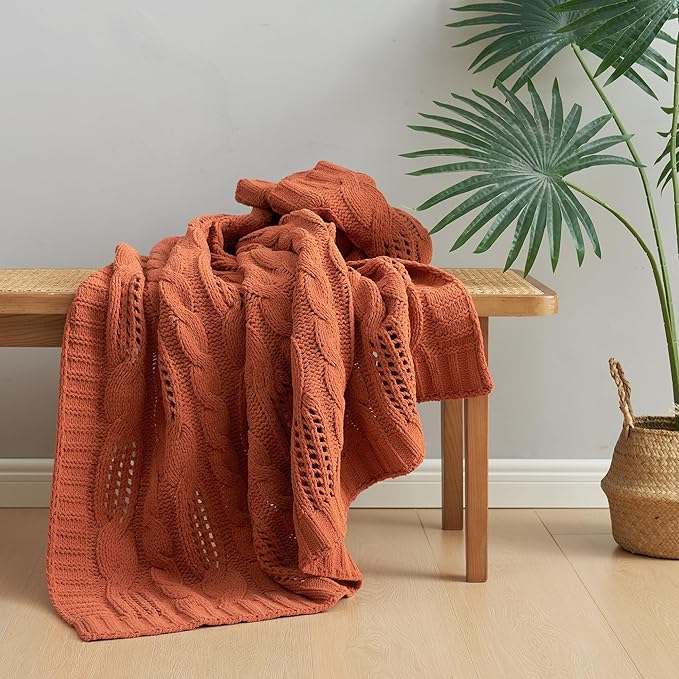 Amélie Home Chunky Knit Throw Blanket, Dual-Sided Soft Chenille Breathable Cable Knitted Blanket for Couch, Farmhouse Decorative Throw for Sofa & Chair, 50"x60", Burnt Orange