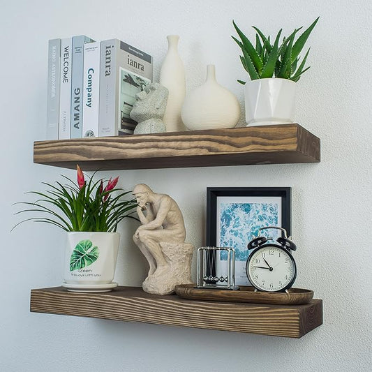 Wood Floating Shelves,24 inch Rustic Wood Wall Shelves for Bathroom Living Room Bedroom Kitchen Farmhouse Laundry Room Set of 2,Handmade-Thickened Wall Shelf (Black Walnut, 24''x8''x1.5'')