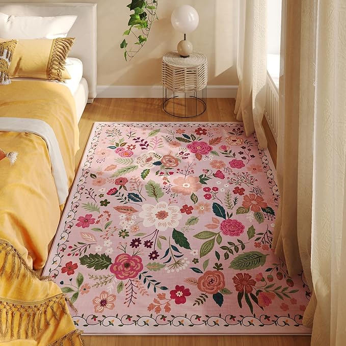 Rugcomf Area Rug 4x6 Rug Washable Boho Rugs Non Slip Low Pile Floral Small Carpet for Bedroom, Bedside, Kids Room, Office, Dining Room(Pink)