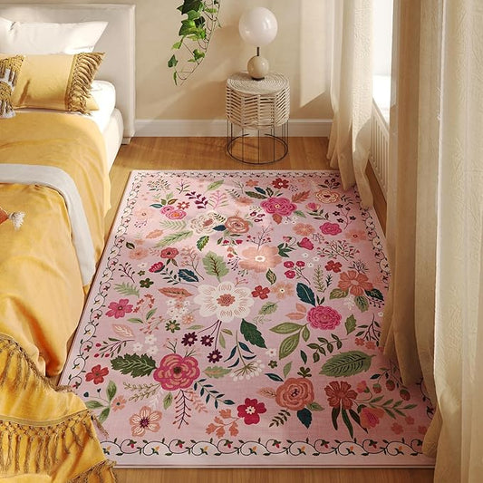 Rugcomf Bedroom Rug 3x5 Rug Washable Area Rug Non Slip Low Pile Boho Floral Small Carpet for Bedroom, Bedside, Kitchen, Entryway, Kids Room, Office, College Dorm Essentials for Girls(Pink)