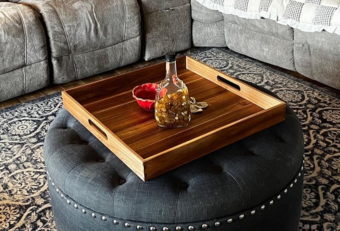 Serving Tray with Handles, 20 Inch Large Square Ottoman Tray Acacia Wood Decorative Tray for Living Room, Ottoman Coffee Table, Kitchen, Appetizers, Breakfast, Patio, Party