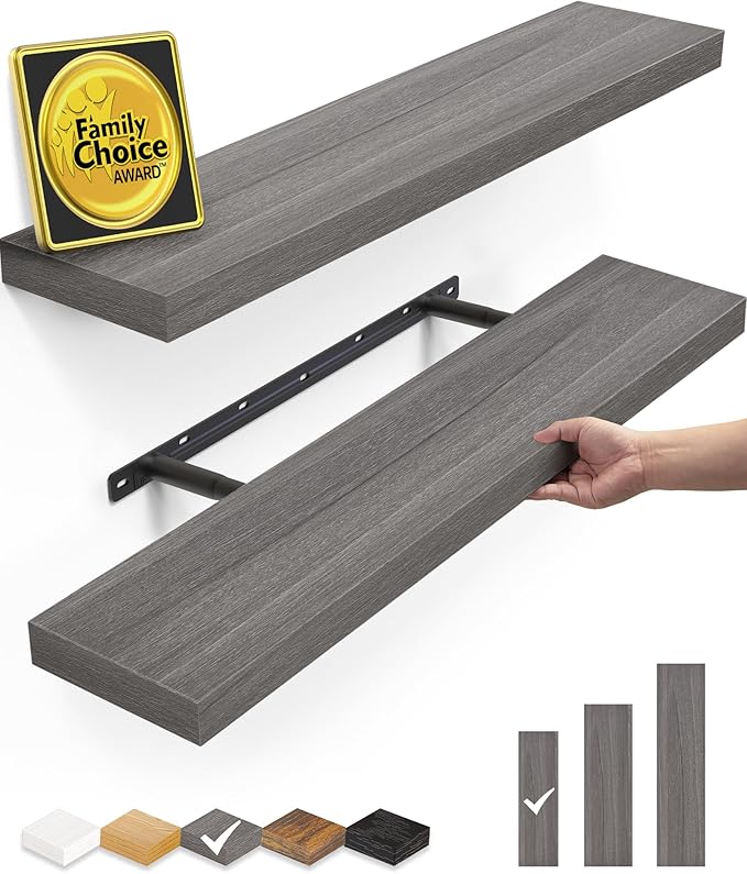 BAYKA Floating Shelves, 22.5 inch Rustic Wood Wall Mounted Shelves for Bathroom, Bedroom, Living Room, Kitchen, Hanging Shelf for Books/Storage/Decor (Grey,Set of 2)