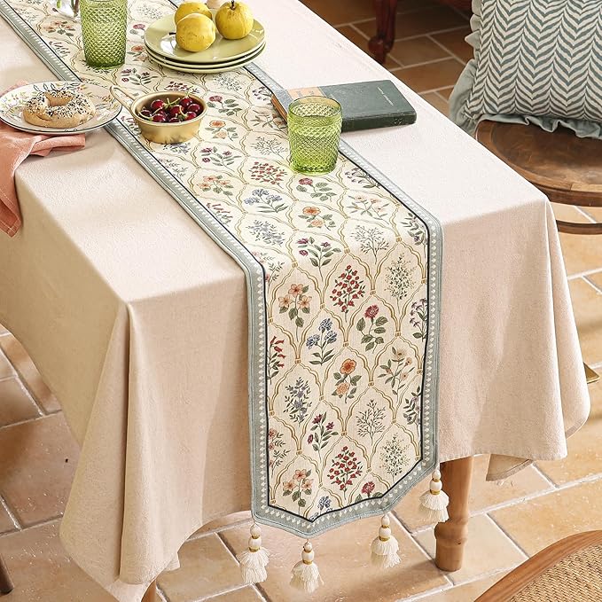 ISAENNE Designer Vintage Elegant Linen Table Runner 118 Inches Extra Long,Colorful Wildflower Pattern Runner,Decor Table Runners for Dining Tables,Thanksgiving,Christmas,12"*118"-Serenity B