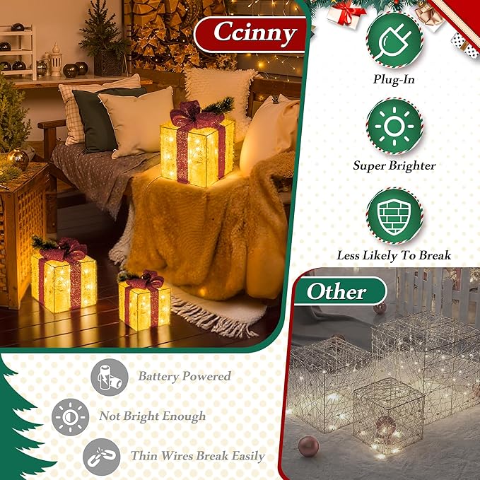 Christmas Decorations, Set of 3 Christmas Lighted Gift Boxes, Pre-lit 60 LED Light Up Present Boxes Warm White Ornaments for Indoor Outdoor Yard Lawn Home Wedding Decor (Pink Bow)