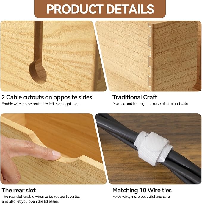KIRIGEN Cable Management Box Wooden Cord Organizer Hide Power Strip Desk Wires Protector for Home Office TV Computer (DXH2T-NA)