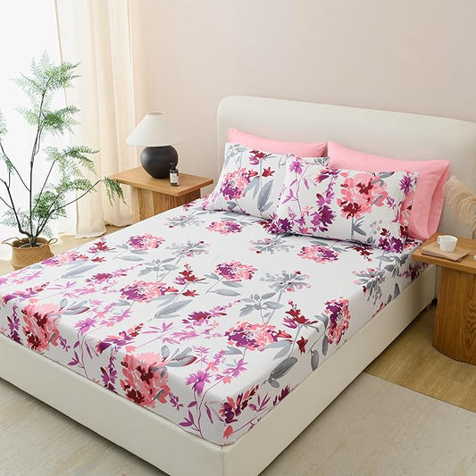 King Size Bed Sheets Set Deep Pockets - 6PC Floral Ultra Soft Microfiber Bed Sheets - Easy to Clean, 90 Thread Count Sheets with Fitted Sheet, Flat Sheet & Pillowcases (Grey/Pink Floral)
