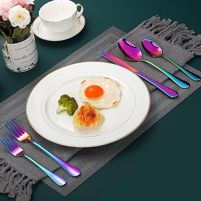 60 Pieces Rainbow Silverware set for 12, Compralo Colorful Stainless Steel Flatware Cutlery Set, Kitchen Utensils Set Include Knife Fork Spoon, Tableware Set With Titanium Plated, Dishwasher Safe