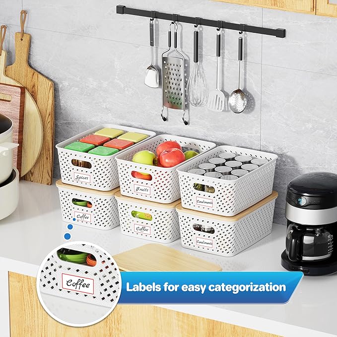 8 Packs Plastic Storage Bins with Bamboo Lids - Stackable Storage Bins Decorative Small Basket Containers for Organizing Shelves Office Classroom Desktop Closet, Cream White