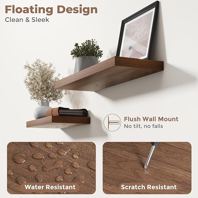 36 Inch Floating Shelves for Wall Set of 2, 8"D Wood Grain Bathroom Shelves with Invisible Brackets, Easy Install Engineered Wood Storage Shelves for Kitchen, Living Room, Bedroom, Walnut Finish