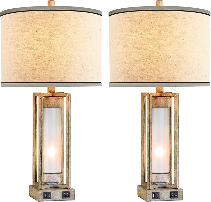 RORIANO 25" Set of 2 Farmhouse Table Lamps for Living Room with USB A+C Ports, Rustic Nightstand Lamp with White Night Light, Vintage Desk Lamp for Entryway Bedroom End Table, 4 Bulbs Included