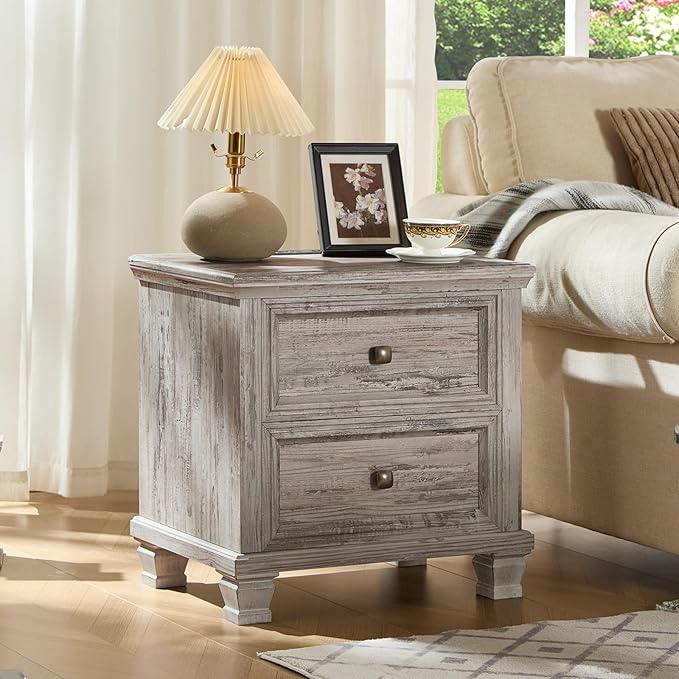 Farmhouse Nightstand Set of 2 for Bedroom, Mid-Century Low Nightstands with 2 Drawers & Charging Station, Vintage Night Stands with 4 Square Solid Wood Legs, Small Dresser for Home, Grey