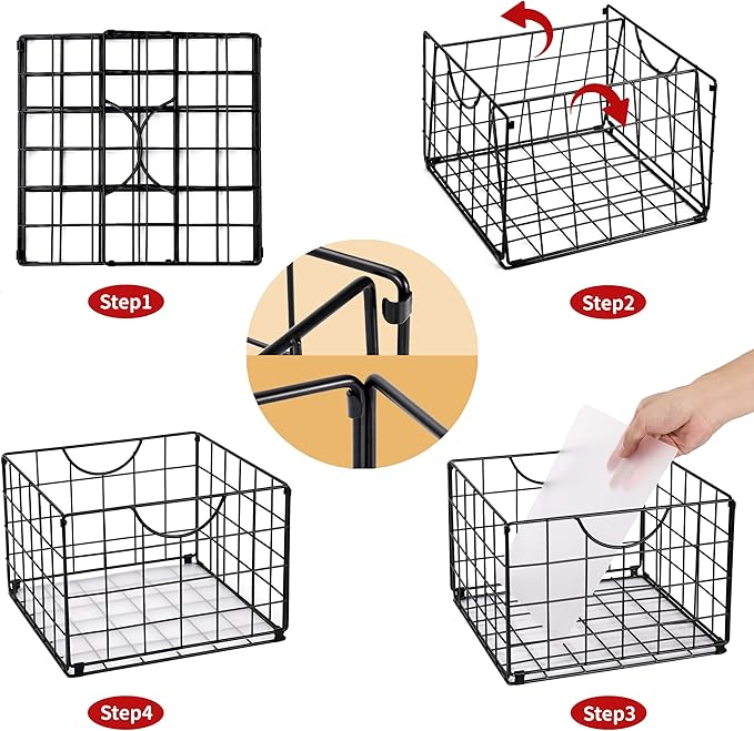 Metal Wire Basket Foldable Set of 4, Metal Bins for Organizing with PVC Sheet, 10.5x10.5in Wire Pantry Baskets Freezer Organizer Bins for Kitchen Closet Bathroom-Black