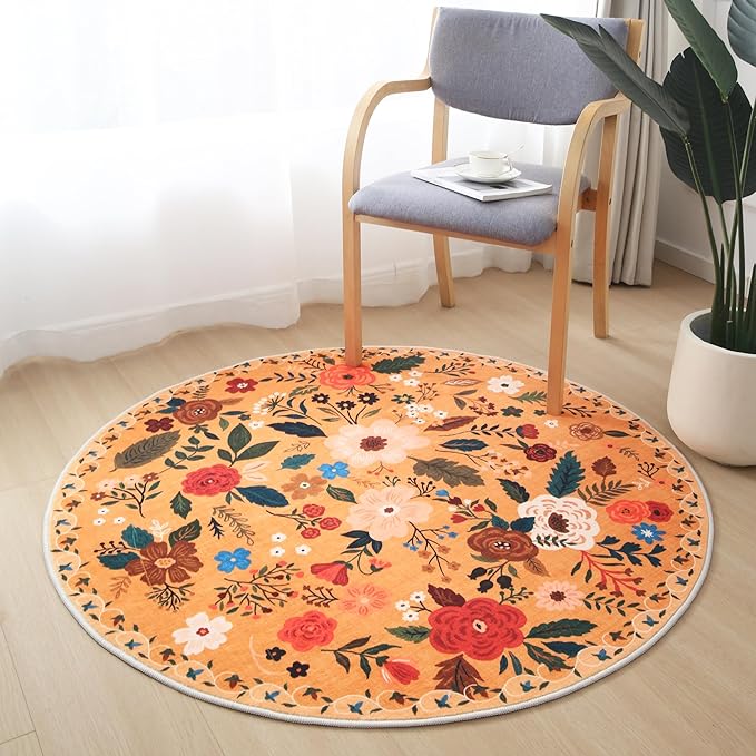 Rugcomf Round Rug 6ft Washable Circle Rug Non Slip Low Pile Boho Floral Small Circular Rug for Bedroom, Bathroom, Entryway, Kids Room, Office, College Dorm(Yellow)