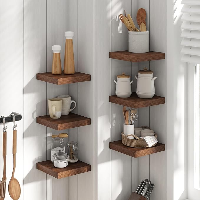 Floating Shelves for Wall with Invisible Brackets, Wall Mounted Engineered Wood Shelves with Wood Grain for Living Room, Bedroom, Bathroom, Kitchen Decor and Storage, Oak, 8"L Set of 3, Walnut