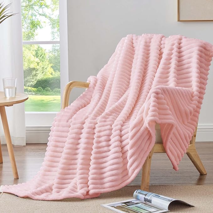 BEDELITE Twin Blanket for Couch & Bed, 300GSM Soft & Warm Fleece Blanket, Decorative and Giftable Striped Pink Blankets for Women, Men, 60"x80"