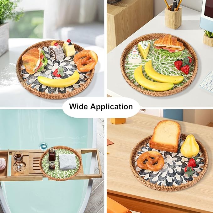 Round Rattan Serving Tray with Mother of Pearl Inlay & Coaster, Boho Wicker Basket, Decorative Coffee Table Tray for Table Decor, Storage and Display of Coffee Bread Fruit (Plume)